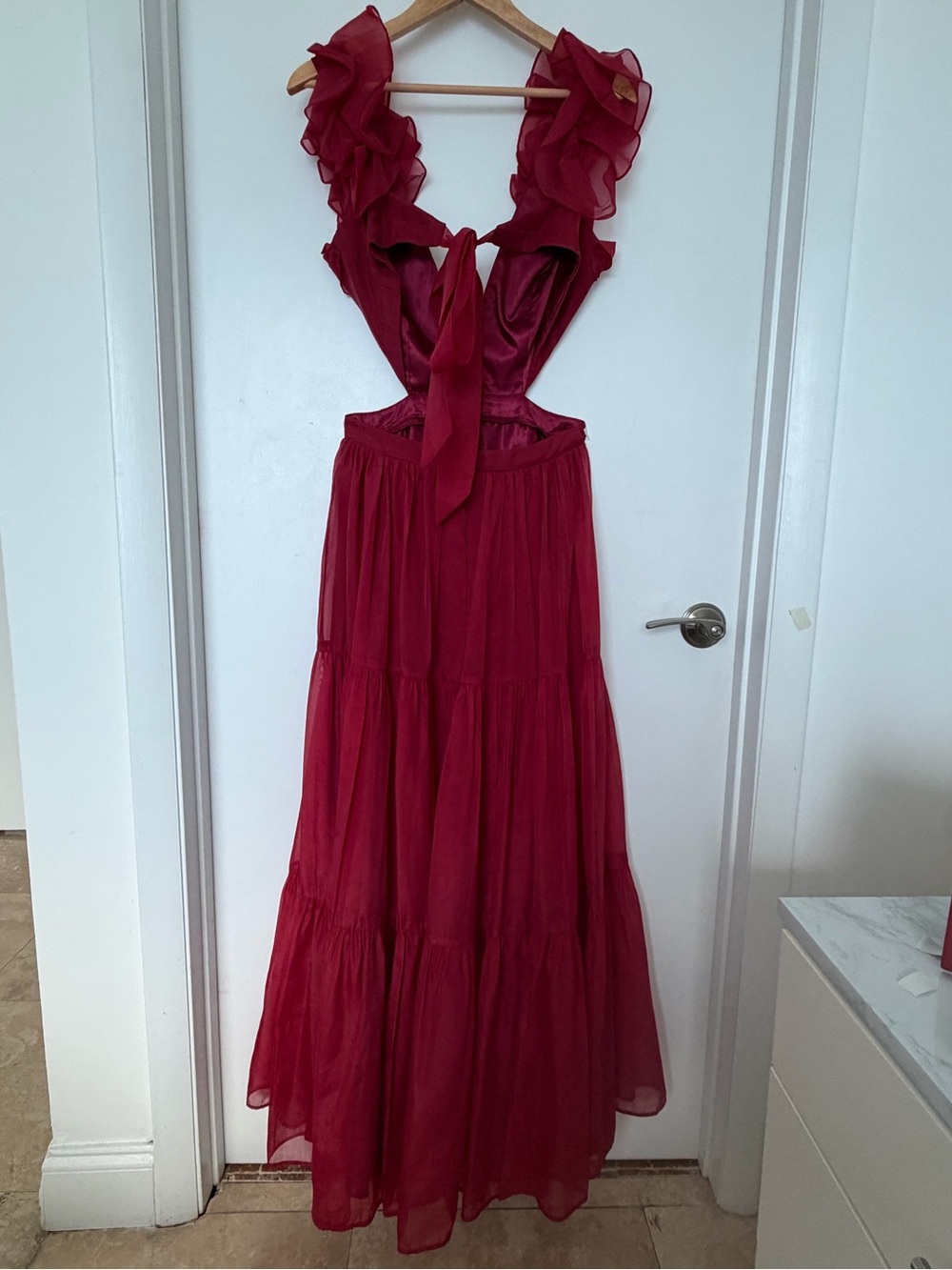 Mac Duggal Red Backless Ruffle Evening Gown - Picture 3 of 12